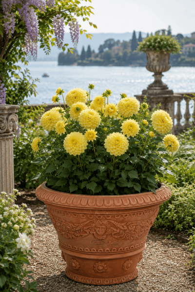 Terracottatopf aus Impruneta mit Engel- und Blumendekor